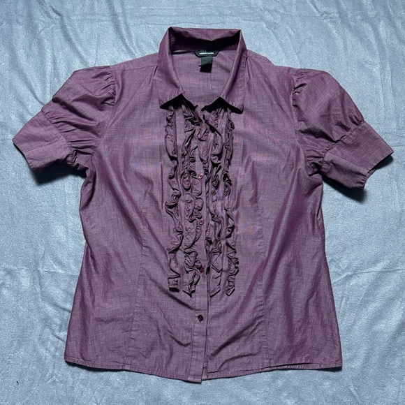 Moda International Women’s Ruffle Front Purple Short Sleeve Cotton Blouse, XL - Picture 1 of 13